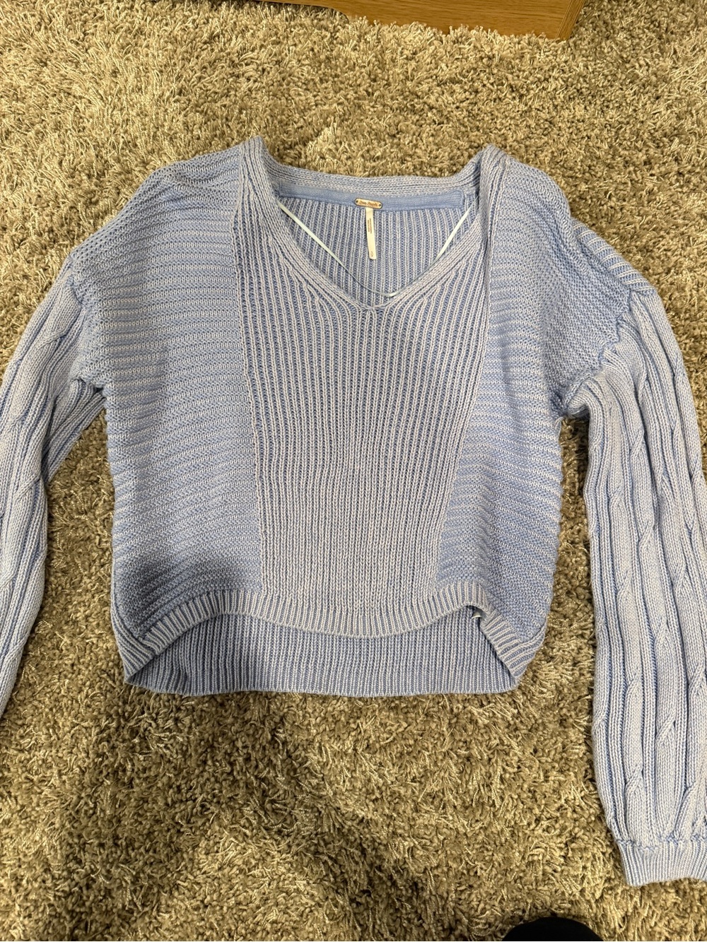 Free People Light Blue Cropped V-Neck Knit Sweater